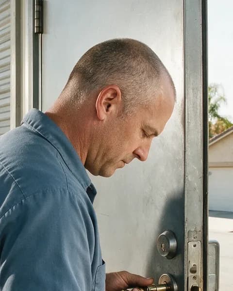 Wade Corrigan, owner of Arroyo Key & Bolt, working the deadbolt on a shop-unit door