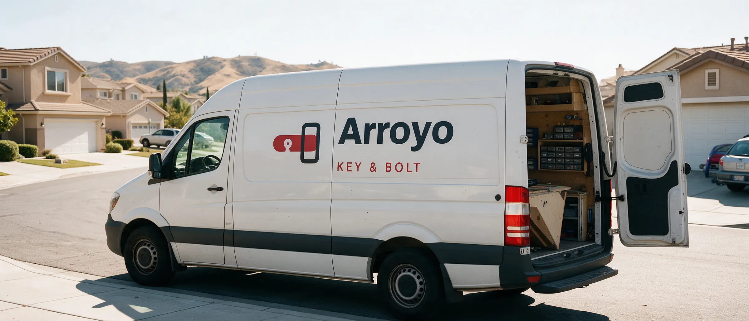 Arroyo Key & Bolt van parked on a Livermore street at sunset, garage doors closed down the block